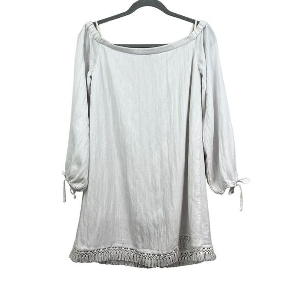 Lilly Pulitzer Off The Shoulder Shift Dress 3/4 Sleeve Fringe Hem White Women S* - Picture 5 of 6